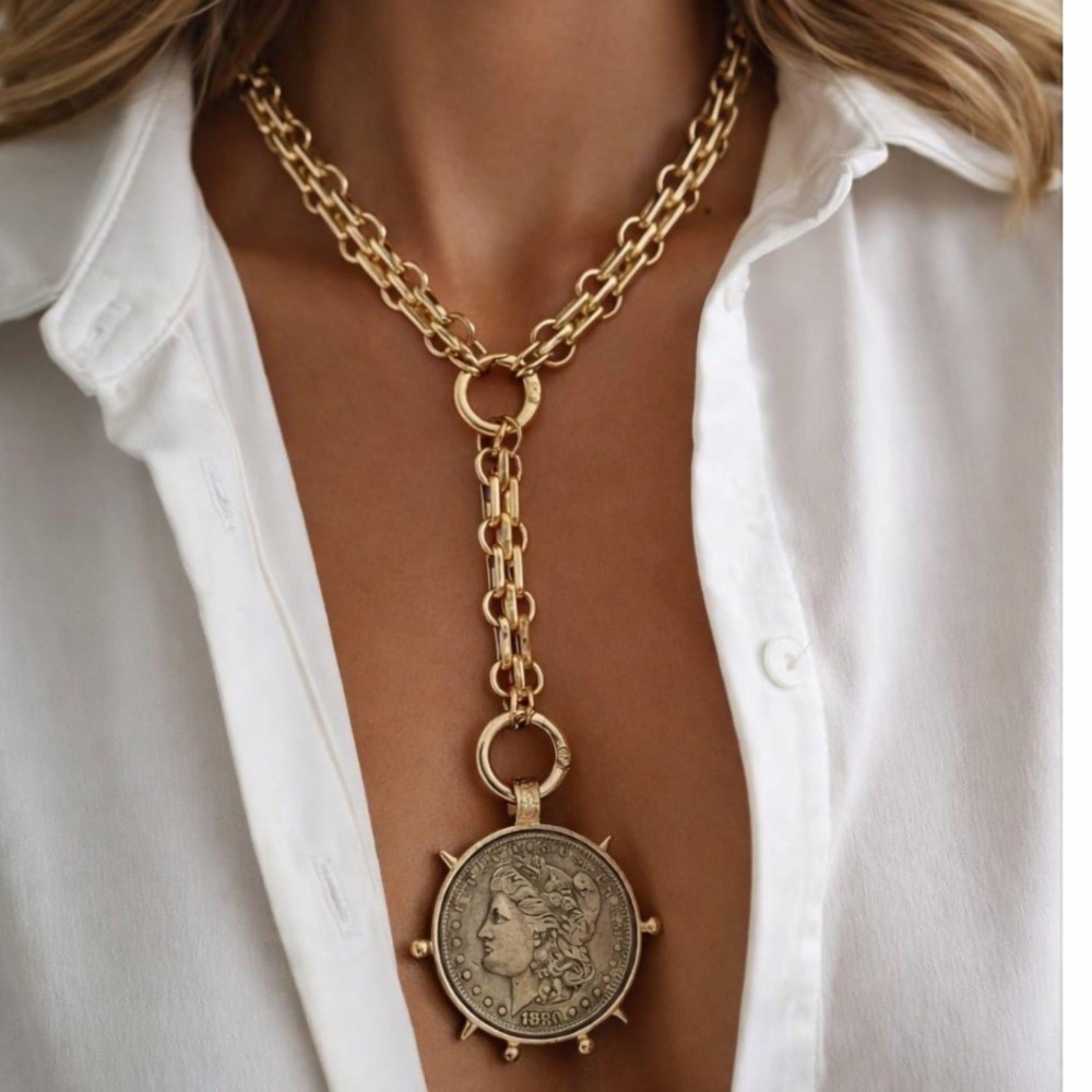 Gold Plated Vintage Coin Necklace – Statement Medallion Y Lariat